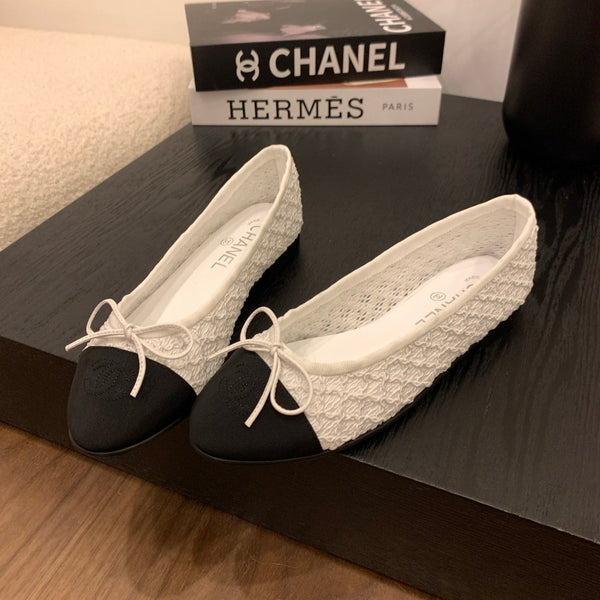 CC 25 Ballet Flat White Fabric Black Grosgrain