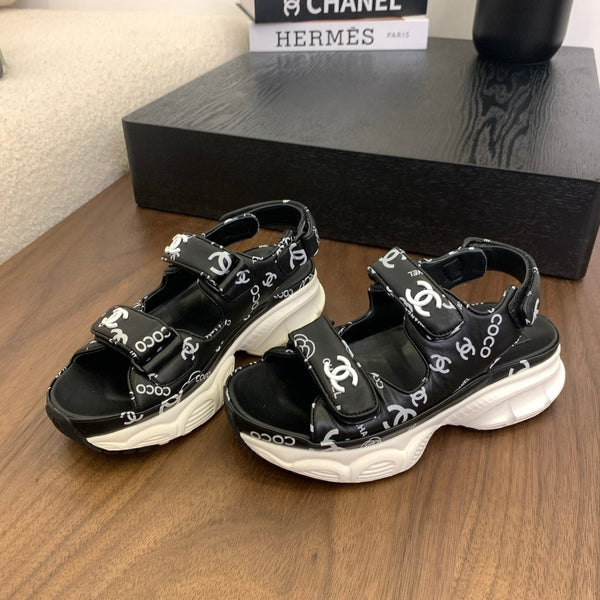 CC Toe Sandals Black Mix Camellia Pattern Leather 299539