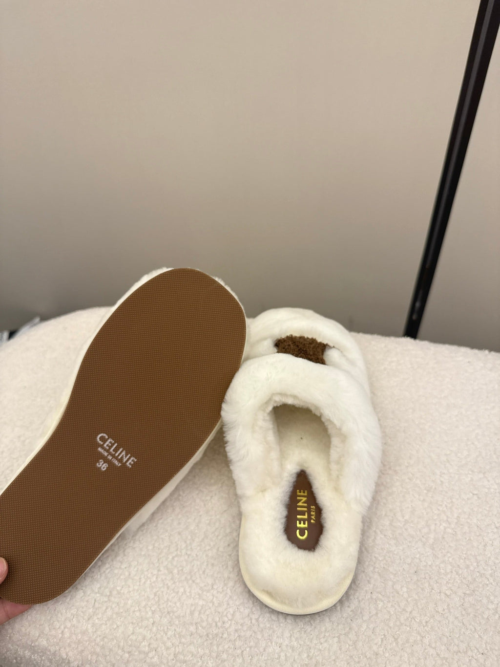 CL Elena Mule in Shearling 10mm White Brown Wool 435860