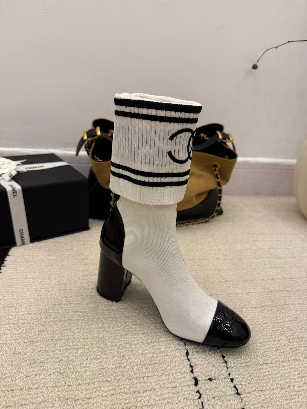 CC 2025 Chunky Heel Sock Boot White Leather Knit 548118