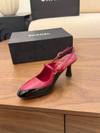CC 26FW Slingback 7.5cm Black Burgundy Lambskin Patent Leather 676113