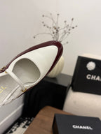 CC 26FW Slingback 7.5cm Chocolate White Lambskin Patent Leather 676117