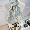 CC Square Scarf 90 CM In Grey Black And White Camellia Logo Print Silk Twill 288739