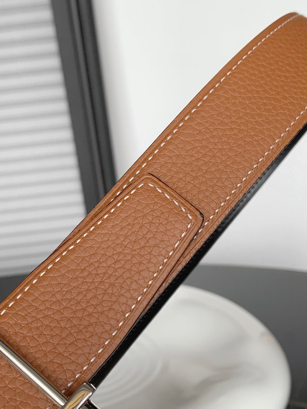 HM REVERSIBLE BLACK AND BRONZE BROWN LEATHER STRAP 32 MM SILVER HARDWARE