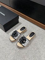 cc sandal flower white canvas black calfskin
