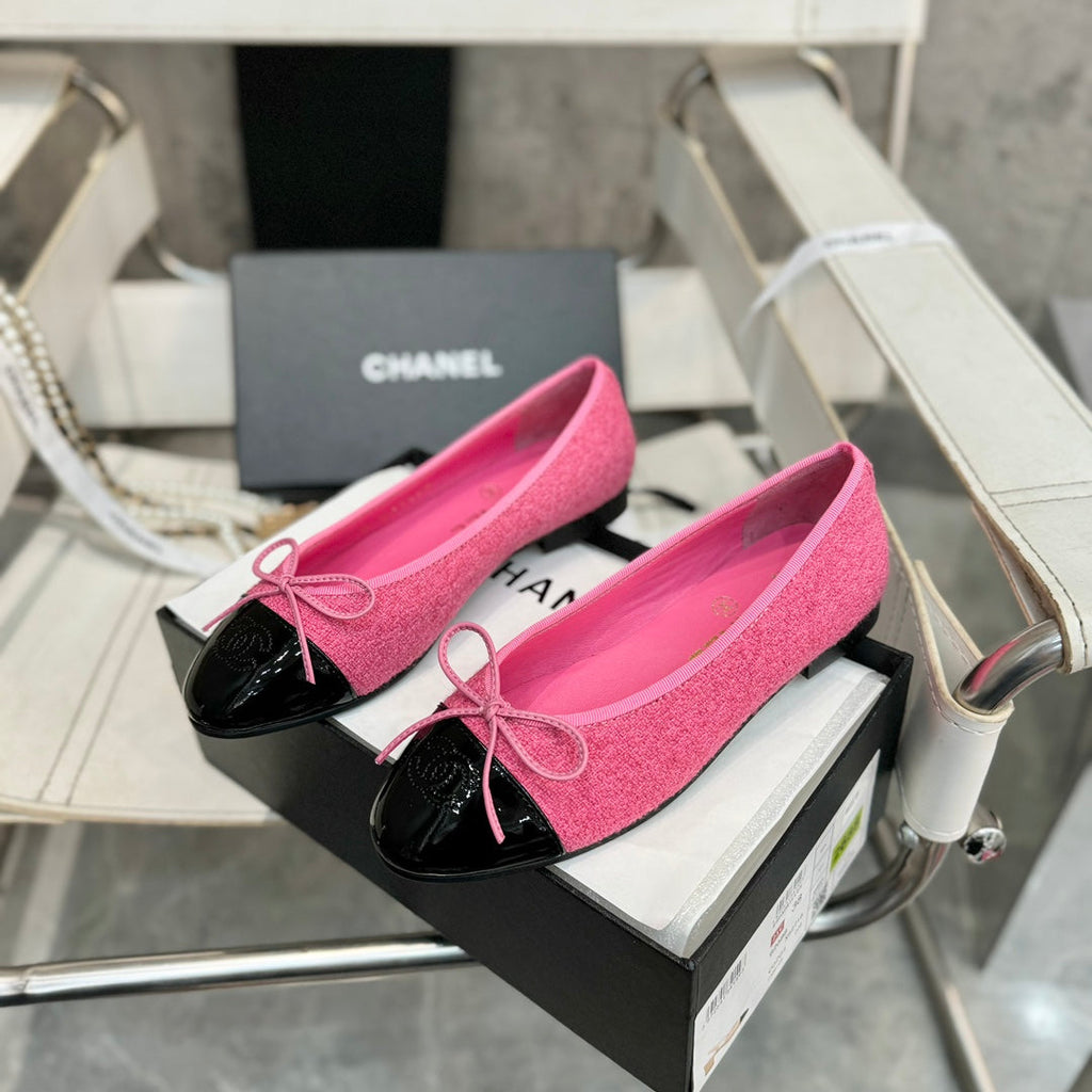ballet flat pink tweed black patent calfskin
