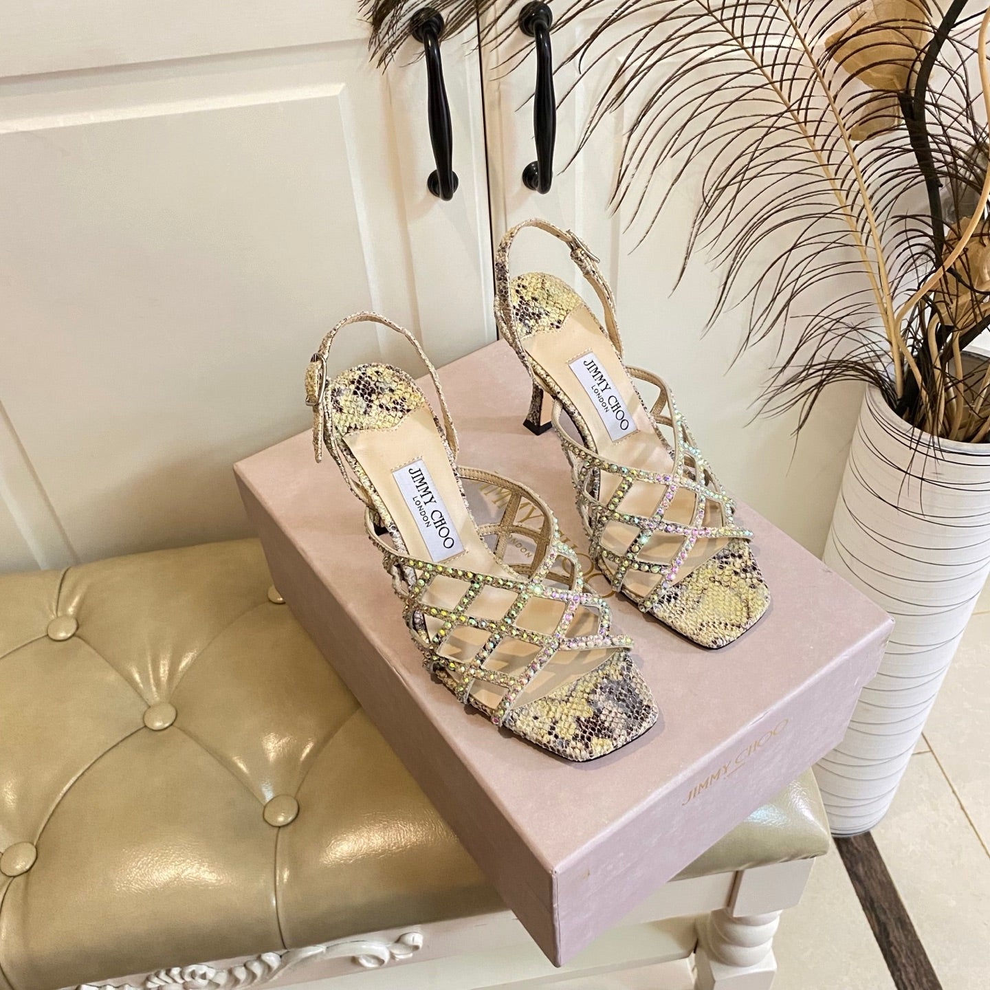 Jimmy Choo Saila Sandals 9cm Beige Sheepskin/Snake-Print Leather 688239