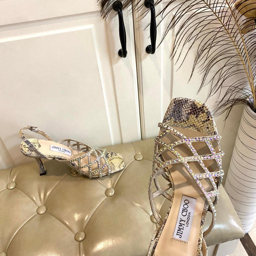 Jimmy Choo Saila Sandals 9cm Beige Sheepskin/Snake-Print Leather 688239
