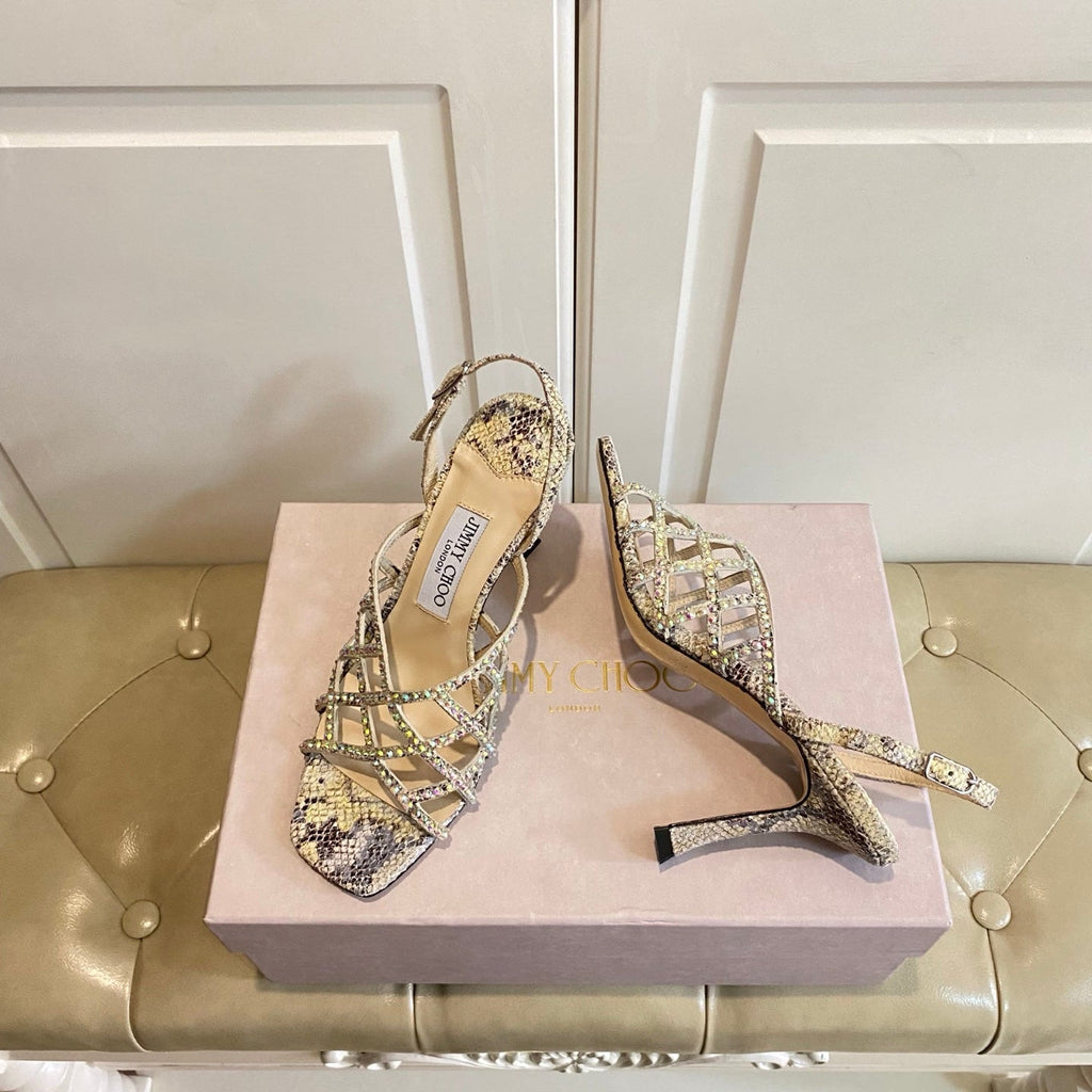 Jimmy Choo Saila Sandals 9cm Beige Sheepskin/Snake-Print Leather 688239