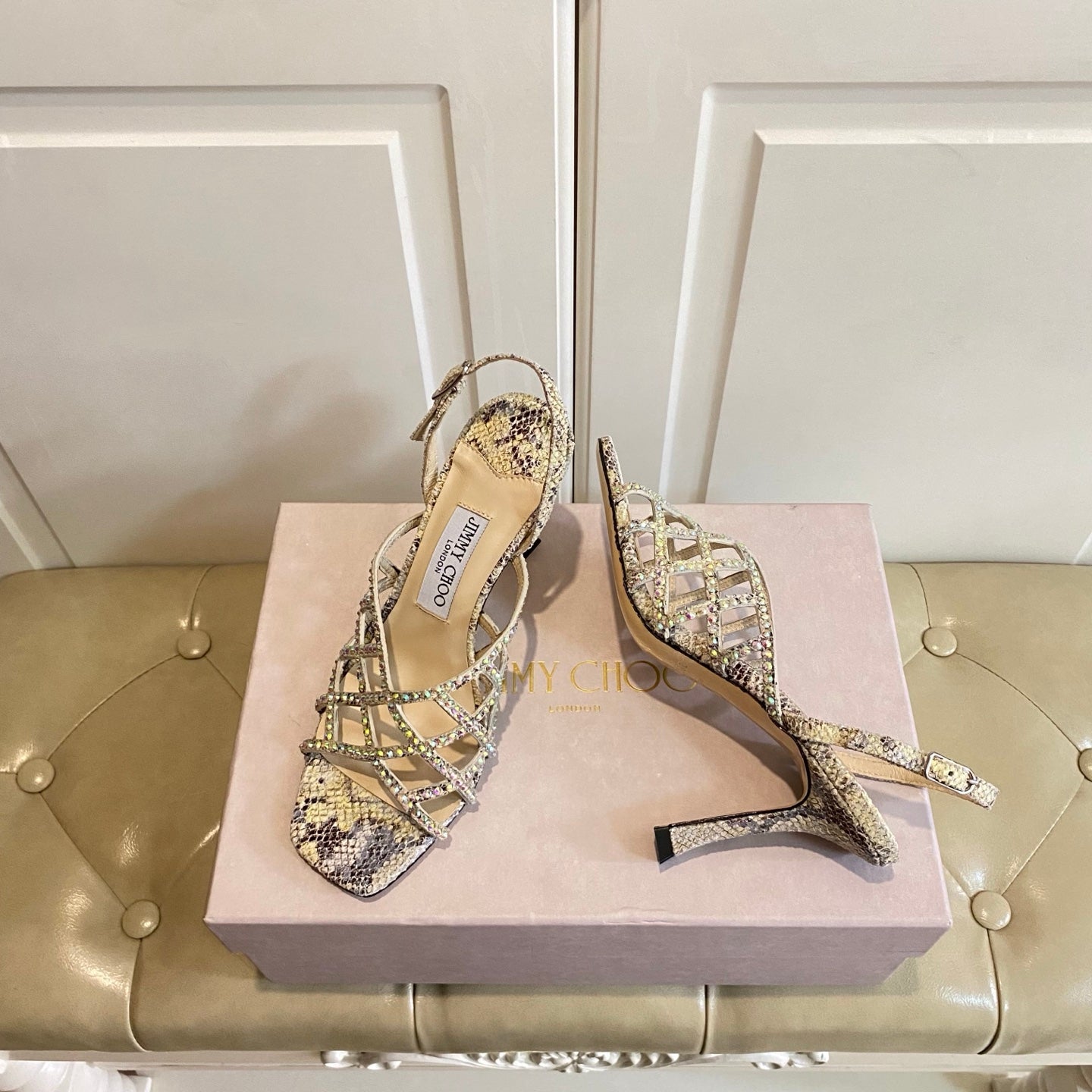 Jimmy Choo Saila Sandals 9cm Beige Sheepskin/Snake-Print Leather 688239