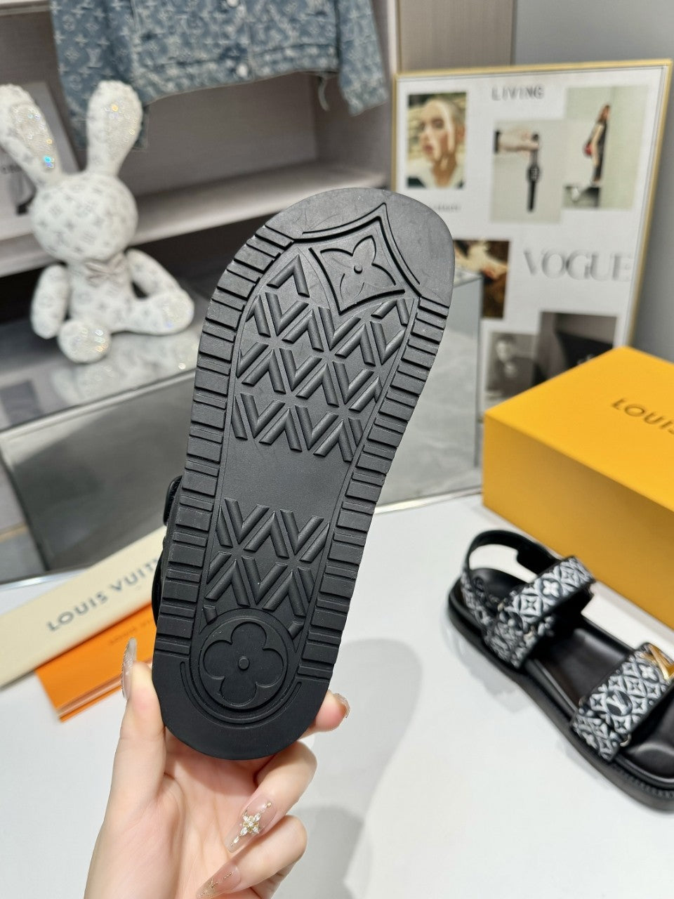 LV Sunset Flat Comfort Sandal Navy Blue Monogram Jacquard Calfskin Cotton 626706