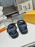 LV Sunset Flat Comfort Sandal Navy Blue Monogram Jacquard Calfskin Cotton 626706