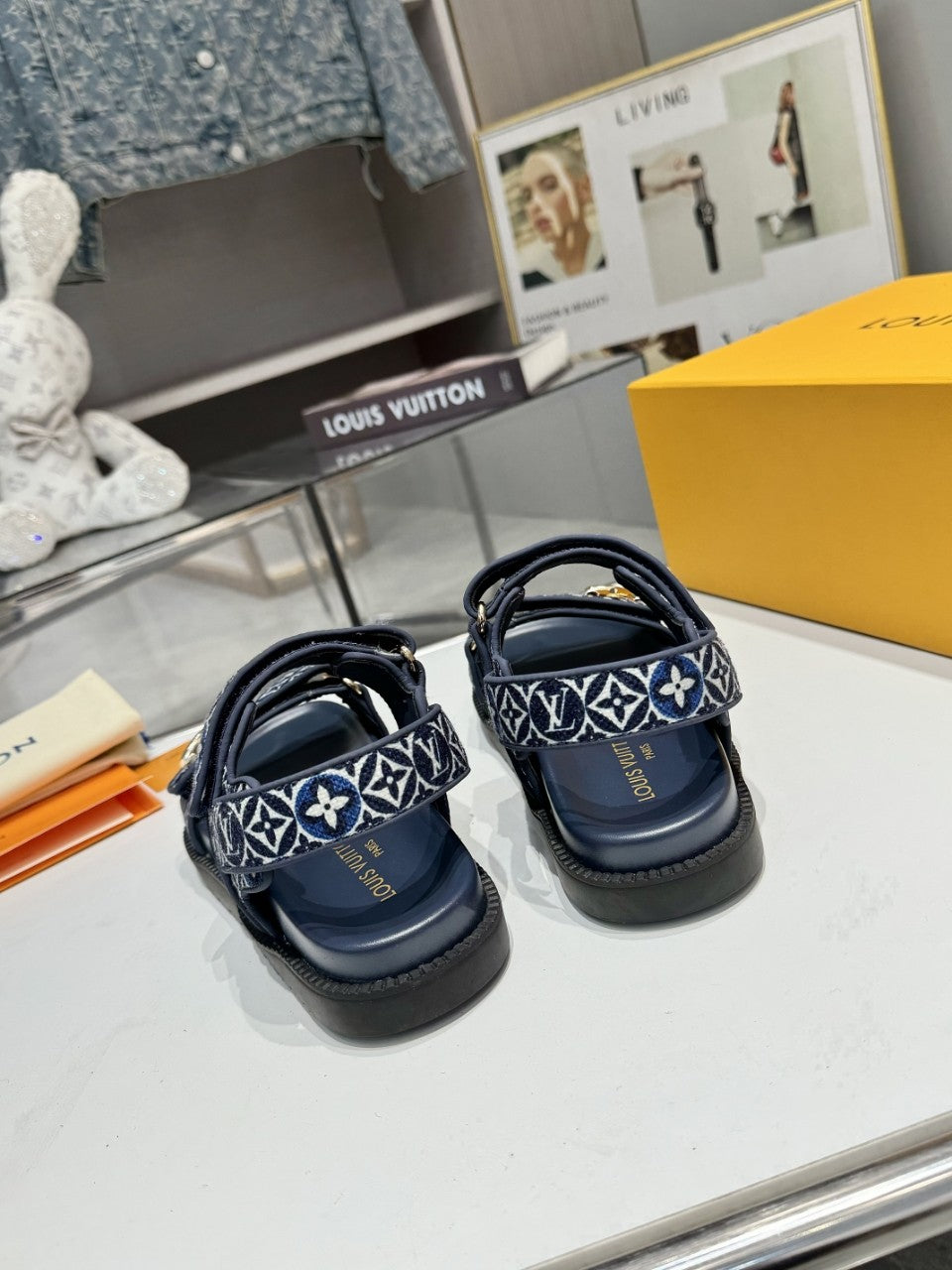 LV Sunset Flat Comfort Sandal Navy Blue Monogram Jacquard Calfskin Cotton 626706