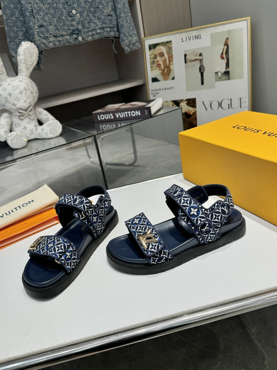 LV Sunset Flat Comfort Sandal Navy Blue Monogram Jacquard Calfskin Cotton 626706