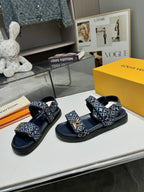 LV Sunset Flat Comfort Sandal Navy Blue Monogram Jacquard Calfskin Cotton 626706