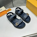 LV Sunset Flat Comfort Sandal Navy Blue Monogram Jacquard Calfskin Cotton 626706