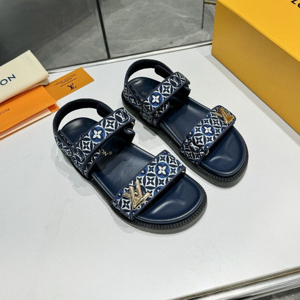 LV Sunset Flat Comfort Sandal Navy Blue Monogram Jacquard Calfskin Cotton 626706