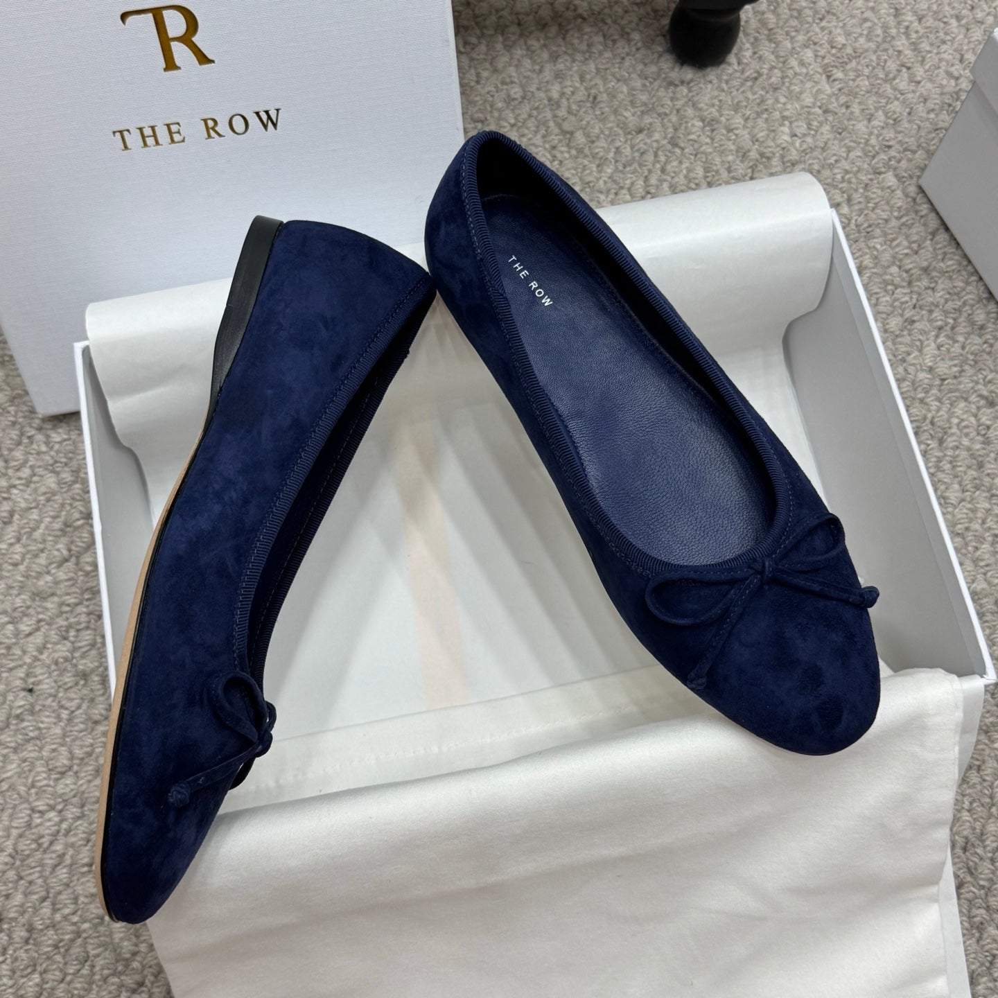 The Row Ballet Flats Bow Dark Blue Suede 290738
