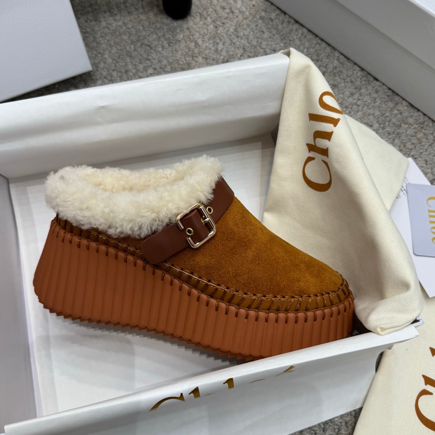 Chloe Nama Shearling-Lined Mule Brown Suede 523133