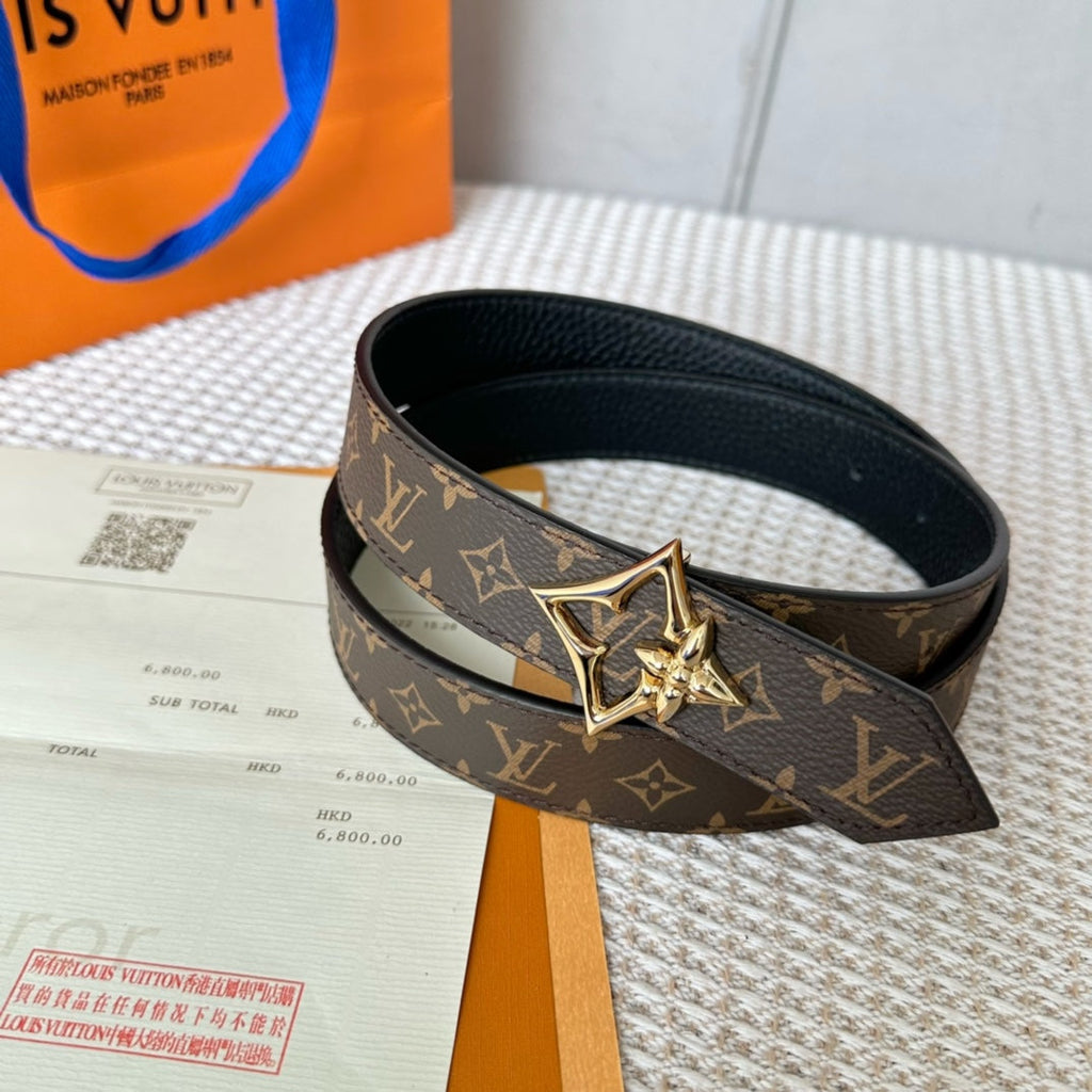 LV FLOWERGRAM 30MM REVERSIBLE BELT IN BLACK CALFSKIN GOLD HARDWARE