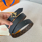 LV FLOWERGRAM 30MM REVERSIBLE BELT IN BLACK CALFSKIN GOLD HARDWARE