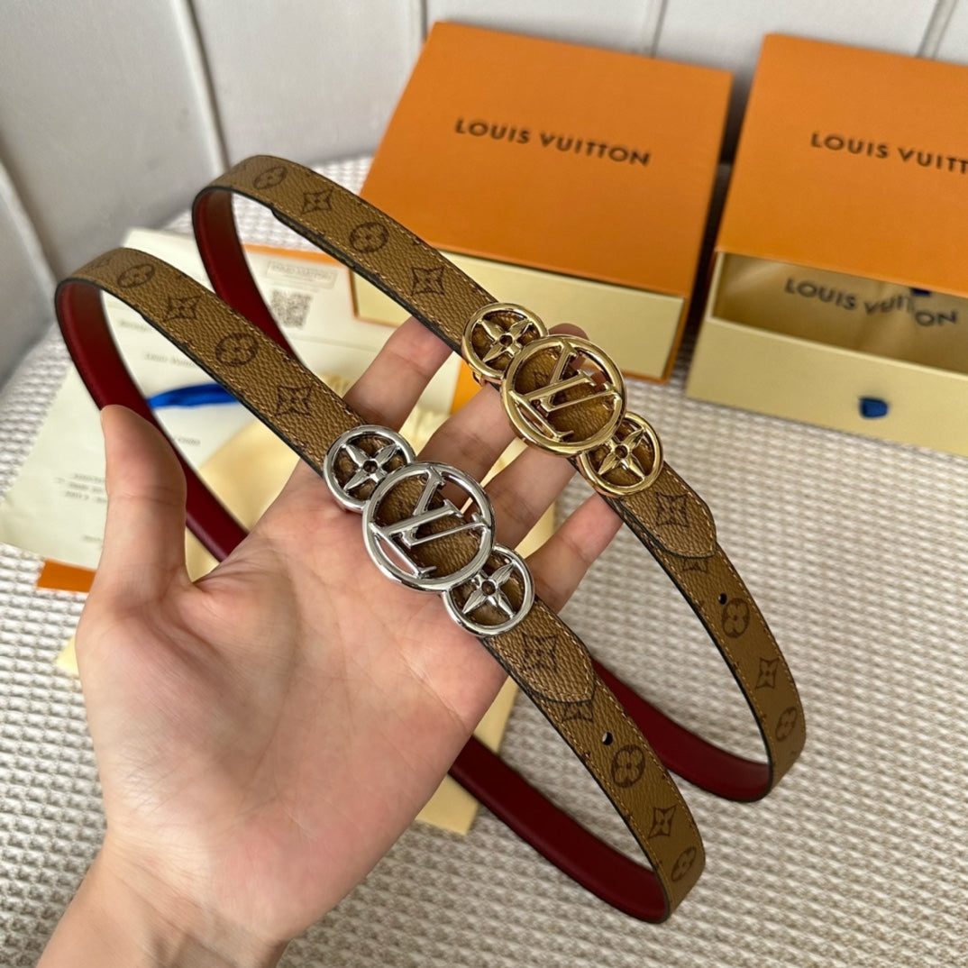 LV S-LOCK BELT 20 MM BROWN MONOGRAM AND AUBURN RED CALFSKIN SILVER HARDWARE