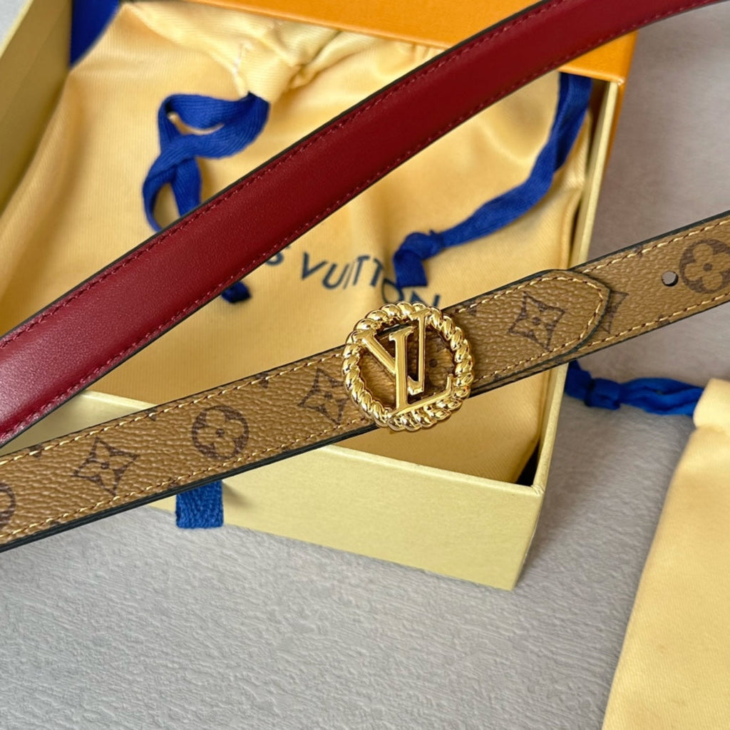 LV Circle Nautical 20mm Reversible Belt Gold Buckle Burgundy Light Brown Lambskin