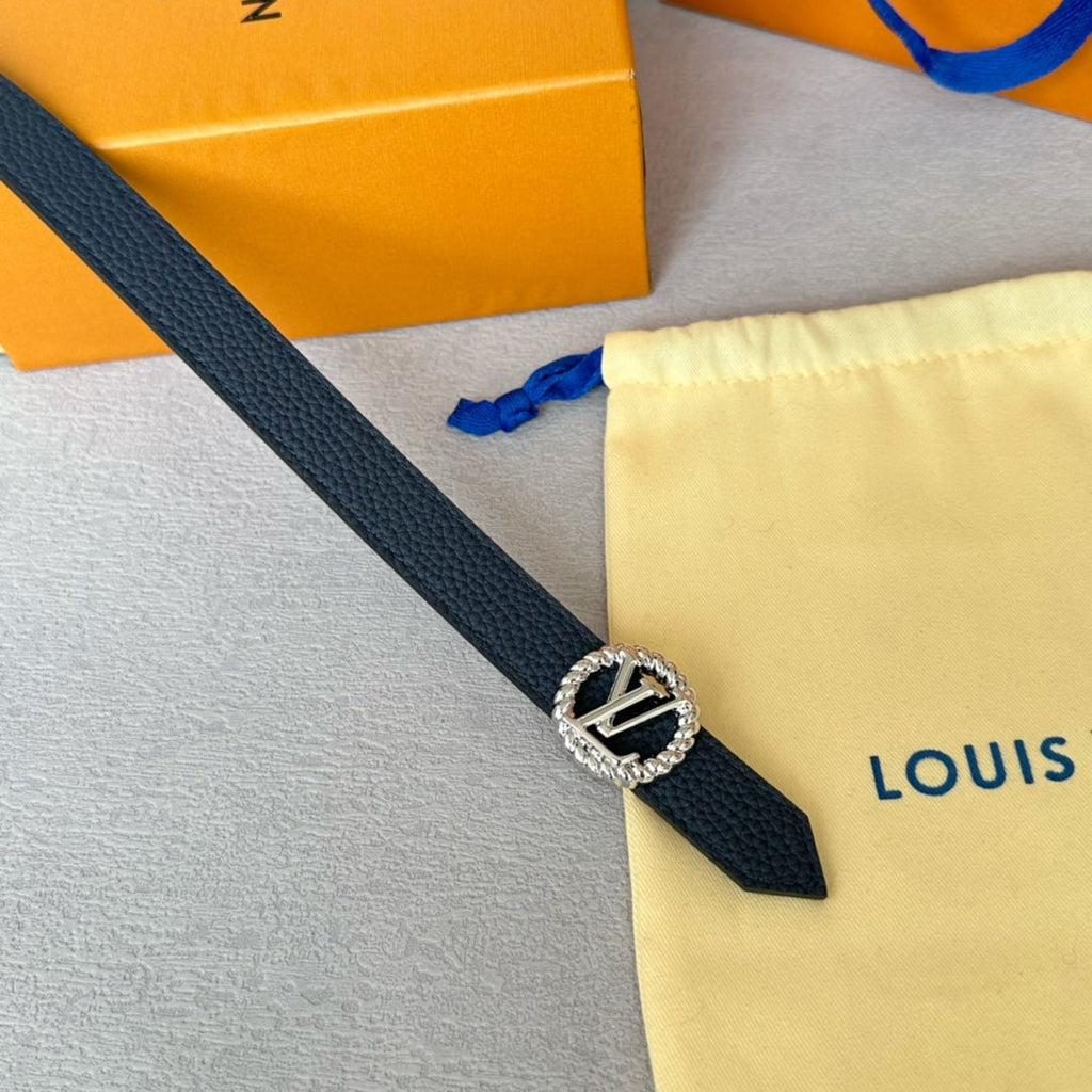 LV Circle Nautical 20mm Reversible Belt Silver Buckle Navy Blue Brown Leather