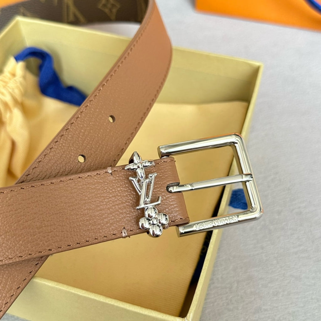 LV Bloom 30mm Belt Silver Buckle Beige Brown Leather