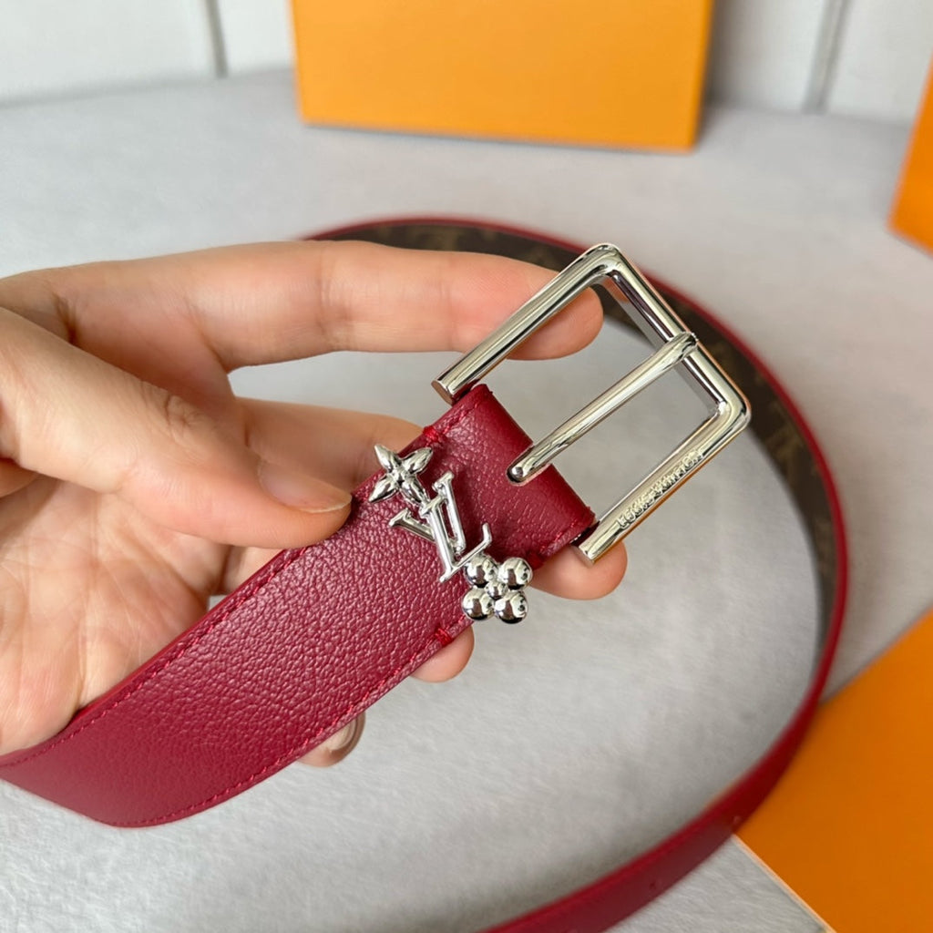 LV Bloom 30mm Belt Silver Buckle Burgundy Brown Leather