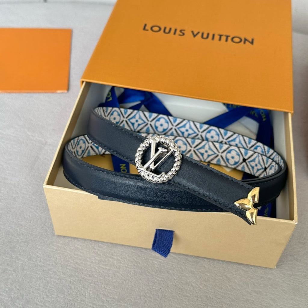 LV Circle Nautical 20mm Reversible Belt Silver Buckle Black White Blue Lambskin