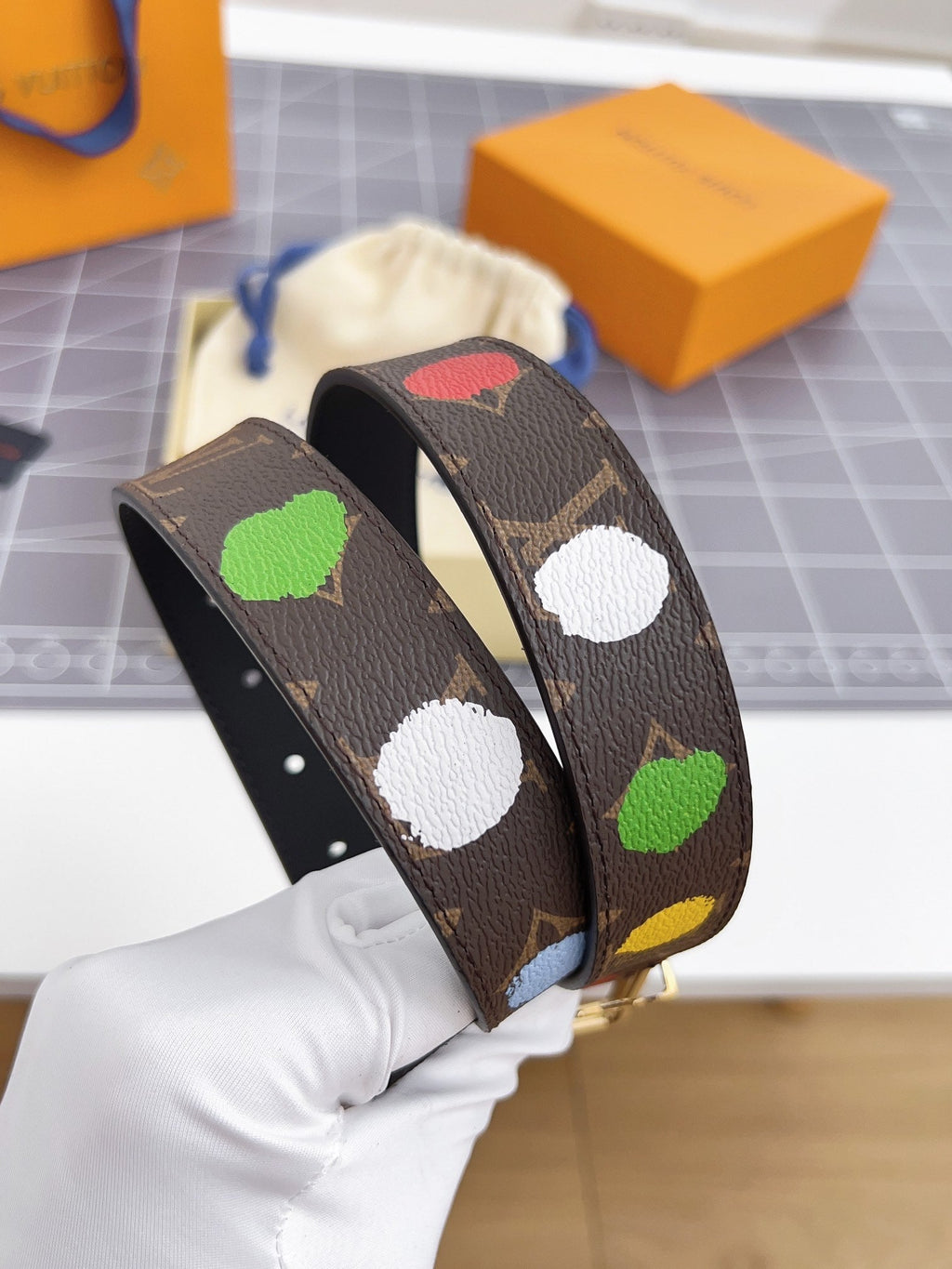 LV Bloom 30mm Mutilcolor Belt Gold Buckle Black Brown Leather