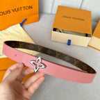 LV Flowergram 30mm Reversible Belt Silver Buckle Pink Brown Leather