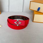 LV Flowergram 30mm Reversible Belt Silver Buckle Red Brown Leather