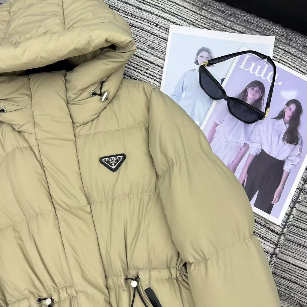 Prada 2025 Drawstring Waist Hooded Jacket Beige Down  Polyester
