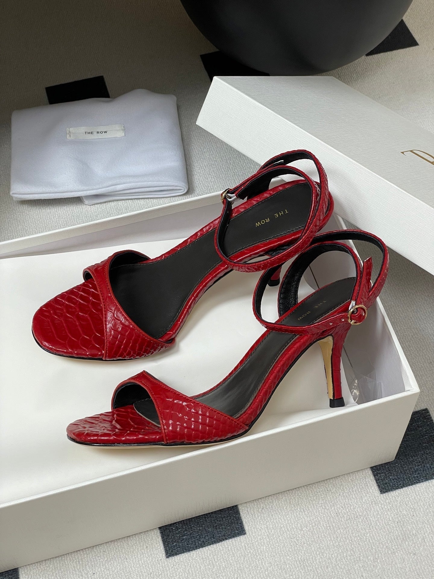 The Row 25S Strap High Heel Sandals 85mm Red Snake Pattern Cowhide 286187