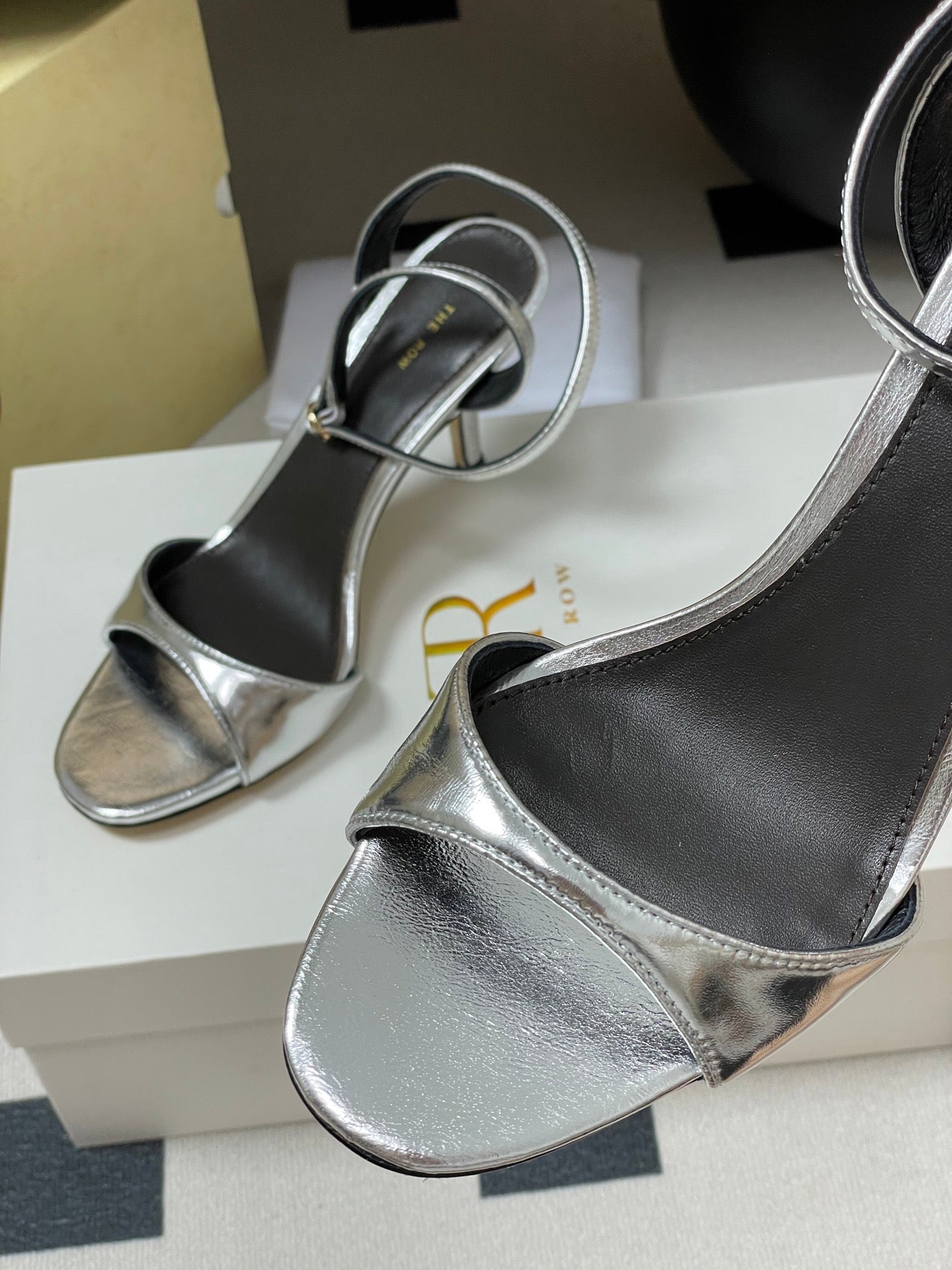 The Row 25S Strap High Heel Sandals 85mm Black Mix Gold Metallic Cowhide 286193