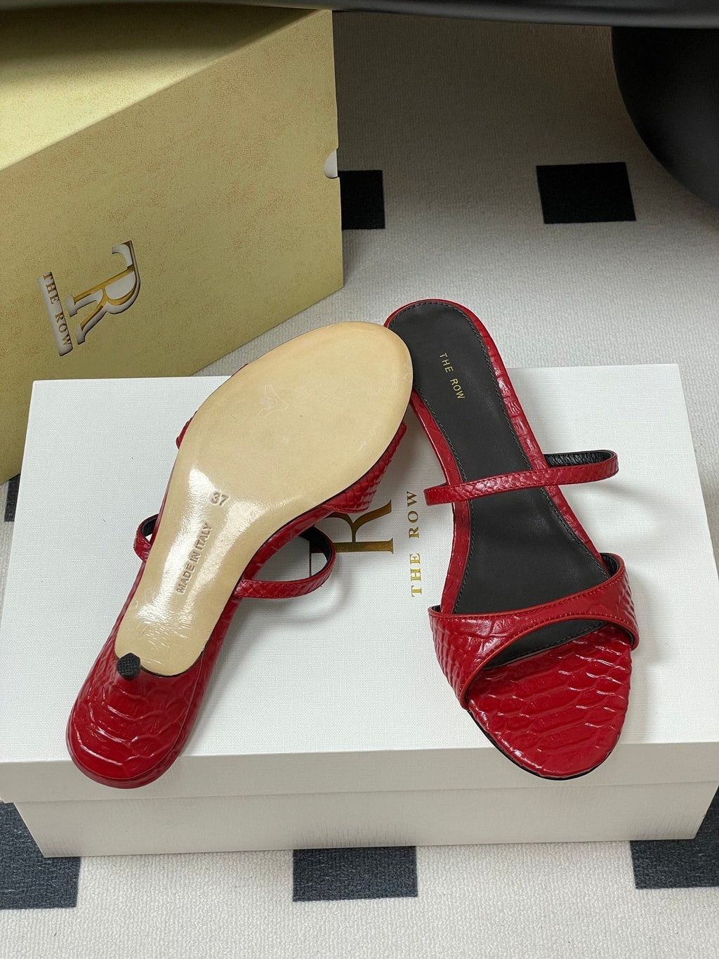 The Row 25S Strap High Heel Mule Sandals 35mm Red Snake Pattern Cowhide 286211