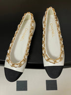 Chanel 25A Ballet Flats Big Chain Double C White Black Sheepskin 393819