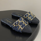 CC 25B Chain Closed Toe Flat Mule Navy Blue Denim 393886