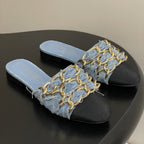 CC 25B Chain Closed Toe Flat Mule Light Blue Denim 393887