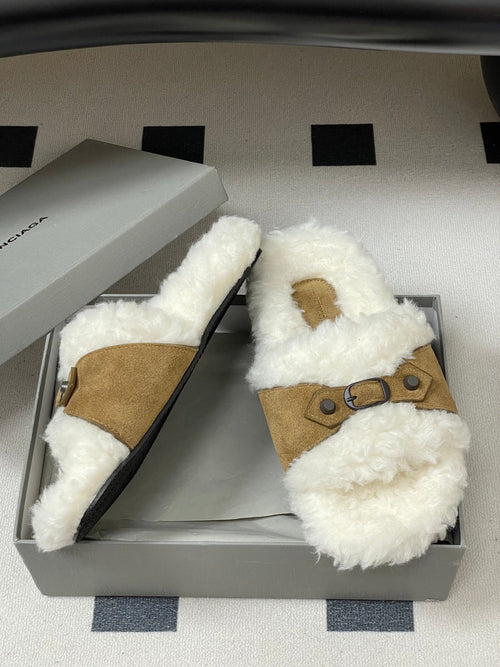 Balenciaga Classic Buckle Slippers White Brown Wool 535029