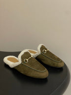 GG horsebit flat mules olive green suede and wool 534707