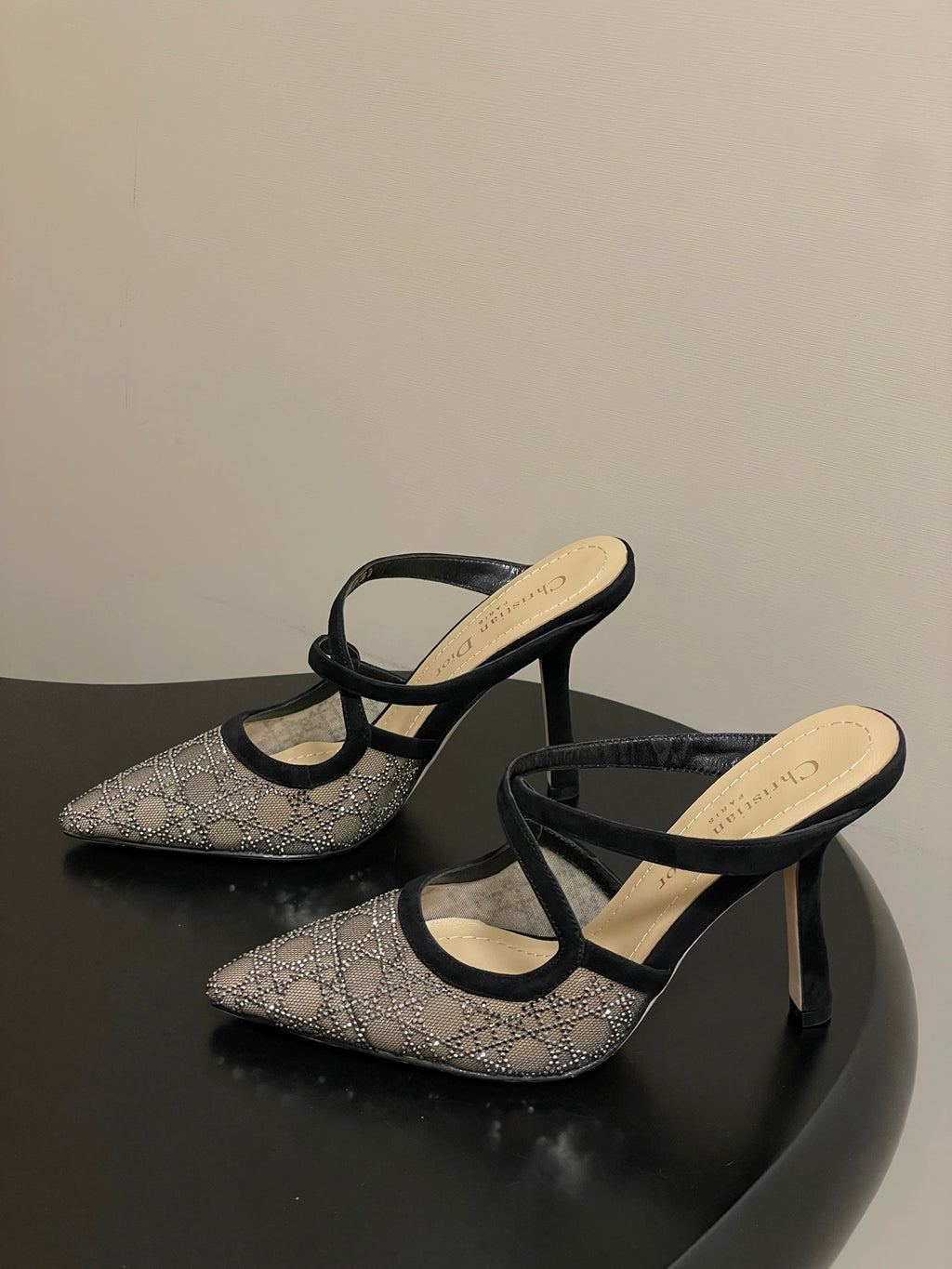 CD 26 High-Heeled Mules Black Beige Mesh Sheepskin 593588