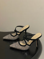 CD 26 High-Heeled Mules Black Beige Mesh Sheepskin 593588
