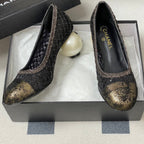 CC 26 Beaded Sequin Pump With Double C Pearl Heel Black Mesh Leather