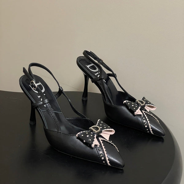 CD 26 D'Trick Slingback Heels 10cm Black Bow Detail Sheepskin 632583