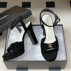 CC 26SS Platform Sandals 120mm Black Double C Sheepskin Suede 632574