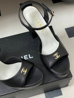 CC 26SS Platform Sandals 120mm Black Double C Sheepskin 632572