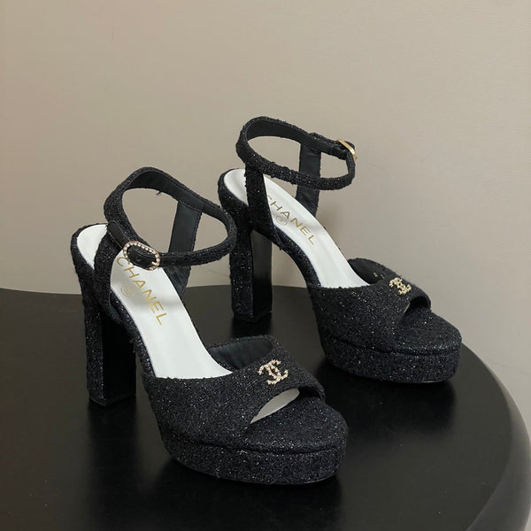 CC 26SS Platform Sandals 120mm Black Double C Tweed 632570